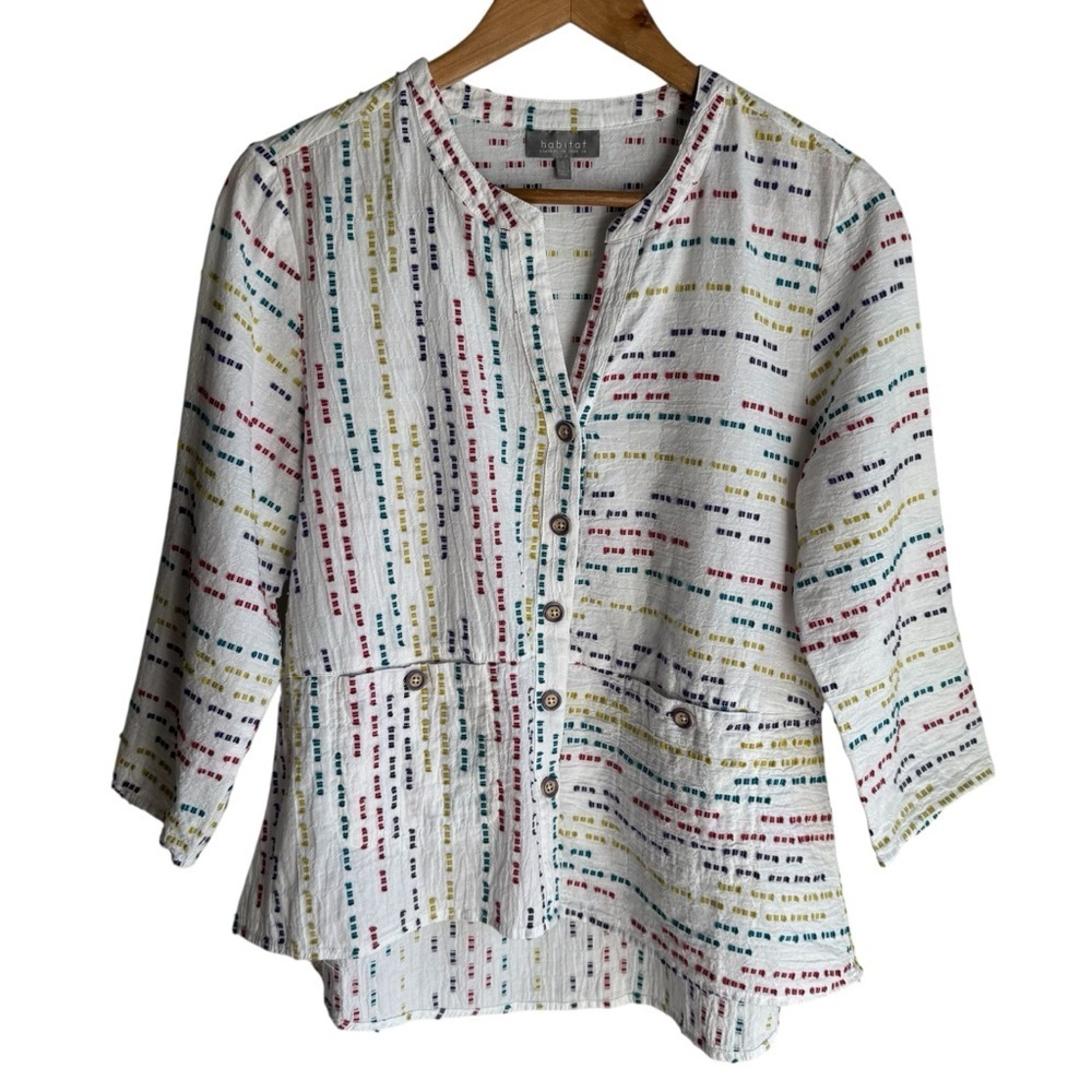 Habitat Colourful Polkadot Button Down Shirt Sz S White 3/4 Sleeve Coastal Top